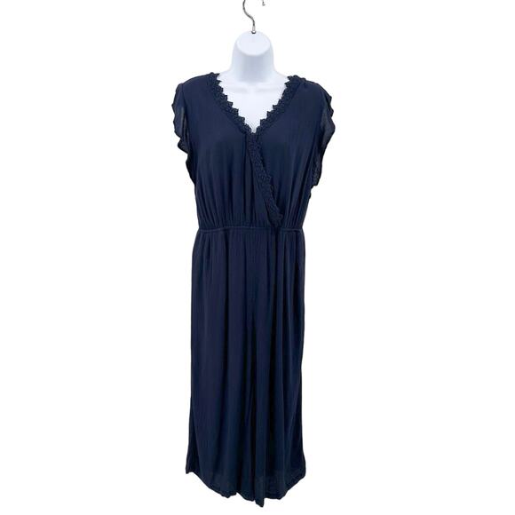 Maurices Navy Romper WMNS S Lace Trim Flutter Sleeve Stretchy V-Neck Keyhole - Picture 3 of 10